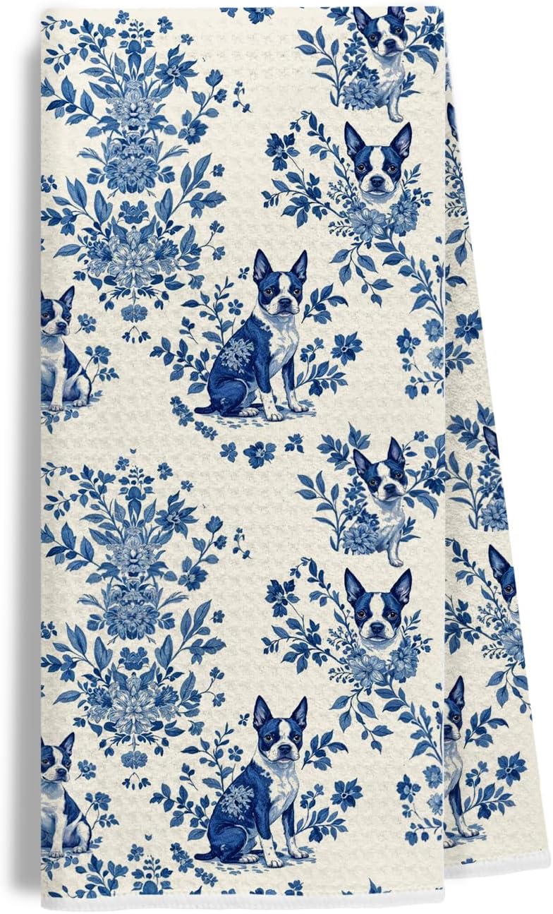 EKGJW Chinoiserie Boston Terrier Dog Kitchen Towels, Boston Terrier Gifts for Women Men Dish Tea Towels for Kitchen, Grandmillennial Toile de Jouy Dog Hand Towels for Bathroom, 16x24 Inch - Image 1
